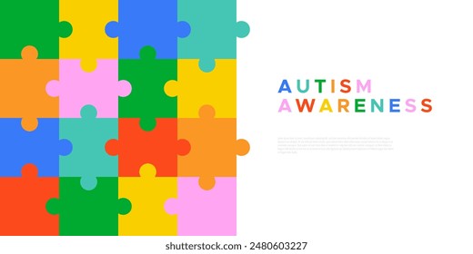 Autism Awareness web template illustration with colorful puzzle piece background. Children care campaign, autistic visibility event. Jigsaw shape internet banner design.