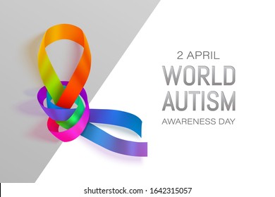 Autism awareness world day vector illustration. Rainbow ribbon over white and gray background with shadow. April 2 day for children with brain development disability banner.