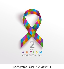 Autism awareness world day vector illustration. Puzzle multicolor ribbon on a light backdrop with shadow. 2 nd April day for children with brain development disability banner.