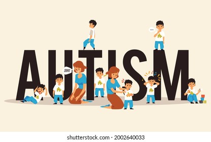 Autism banner design with kids characters against huge word, flat vector illustration isolated on white background. Autism developmental disorder awareness day banner.