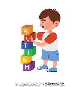 autism boy with blocks illustration isolated