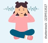 Autism. Boy closing and plugging ears with hands.Kid sensitive to loud sounds. Early signs of autism syndrome in children.  Vector flat illustration