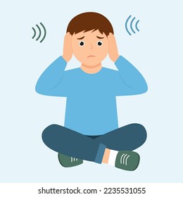 Autism. Boy closing and plugging ears with hands.Kid sensitive to loud sounds. Early signs of autism syndrome in children.  Vector flat illustration