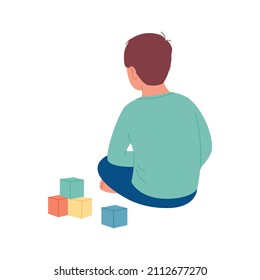 Autism. Boy feeling lonely. Child Playing Alone With Cubes Toys. Early signs of autism syndrome in children. Vector illustration. Children autism. Signs and symptoms of autism in a child