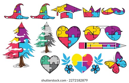 Autism Bundle Colorful Puzzle Pieces SVG Illustration Design.