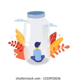 Autism. Child behind the glass. Early signs of autism syndrome in children. Vector emblem. Children autism spectrum disorder ASD icon. Signs and symptoms of autism in a child