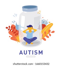 Autism. Child behind the glass. Early signs of autism syndrome in children. Vector emblem. Children autism spectrum disorder ASD icon. Signs and symptoms of autism in a child