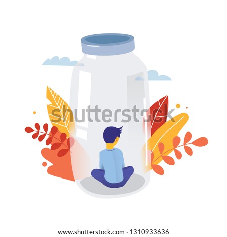 Autism. Child behind the glass. Early signs of autism syndrome in children. Vector emblem. Children autism spectrum disorder ASD icon. Signs and symptoms of autism in a child
