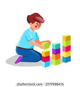 Autism Child Playing Alone With Cubes Toys Vector. Preteen Boy With Autism Spectrum Disorder Play With Building Blocks. Character With Health Problem Leisure Time Flat Cartoon Illustration