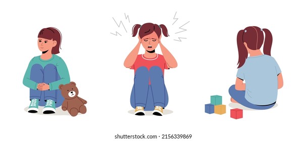 Autism, child stress, mental health. Set of unhappy sad little girl sitting on floor, feeling depressed and lonely. Vector illustration collection isolated. 