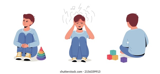 Autism, child stress, mental health. Set of unhappy sad teen boy sitting on floor, feeling depressed and lonely. Vector illustration collection isolated. 