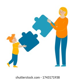 Autism. Children autism spectrum disorder ASD. Children girl play in center giving information about treatment of ASD. Puzzles symbol of autism. Vector illustration. 