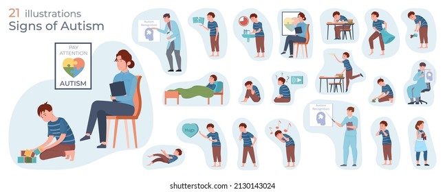 Autism Composition With Flat Isolated Icons Of Doctors And Children Representing Autistic Behaviours With Editable Text Vector Illustration