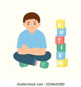 Autism concept. Boy feeling lonely. Child playing alone with cubes toys with word autism. Vector illustration
