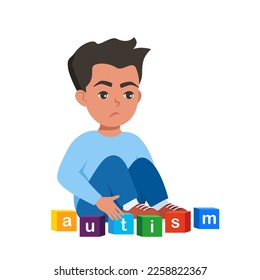 Autism concept. Boy feeling lonely. Sad boy sitting on floor surrounded by cubes toys with word autism. Vector illustration