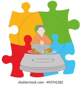 Autism concept. boy in a snow globe on the background of the sign. vector illustration.