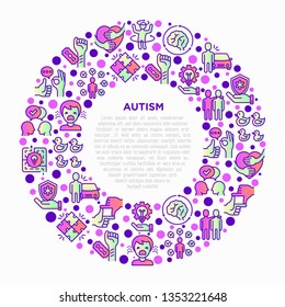 Autism concept in circle, symptoms and adaptive skills thin line icons: repetitive behavior, stereotypy, ignoring of danger, autoaggression, hysterics, social interaction. Modern vector illustration.