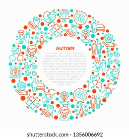 Autism concept in circle, symptoms and adaptive skills thin line icons: repetitive behavior, stereotypy, ignoring of danger, autoaggression, hysterics, social interaction. Modern vector illustration.