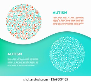 Autism concept in circle, symptoms and adaptive skills thin line icons: repetitive behavior, stereotypy, ignoring of danger, autoaggression, hysterics, social interaction. Modern vector illustration.