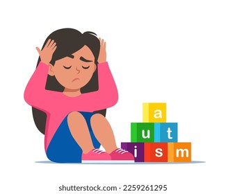 Autism concept. Girl feeling lonely. Sad boy sitting on floor surrounded by cubes toys with word autism. Child plugged ears with hands. Vector illustration