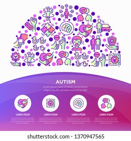 Autism concept in half circle, symptoms and adaptive skills thin line icons: repetitive behavior, stereotypy, ignoring of danger, autoaggression, hysterics, social interaction. Vector illustration.