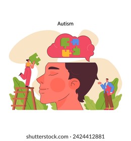 Autism concept. An insightful depiction of the autism puzzle piece metaphor within a contemplative profile, symbolizing complexity and understanding. Flat vector illustration