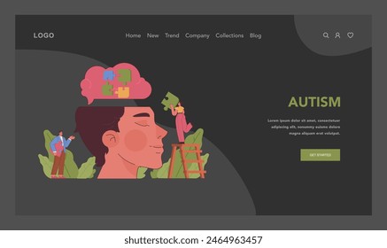 Autism concept. An insightful depiction of the autism puzzle piece metaphor within a contemplative profile, symbolizing complexity and understanding. Flat vector illustration