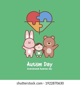 Autism day concept cute doodle illustration style with rabbit and bear mascot character