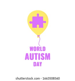 Autism disorder awareness poster. Yellow balloon with jigsaw puzzle piece on white background. Solidarity and support vector illustration in cartoon style. Healthcare and medical concept.