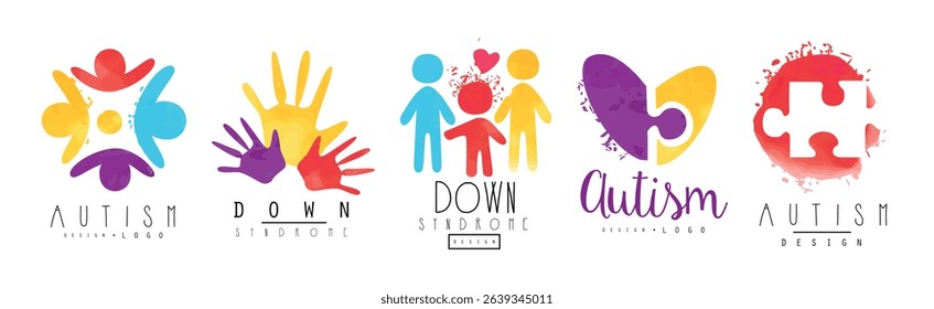 Autism and Down Syndrome Bright Logo Design Template Vector Set