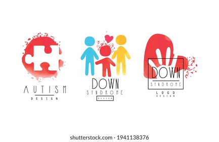 Autism and Down Syndrome Logo Templates Collection, Awareness Concept, Kids Center, Charitable Organization Colorful Badge Vector Illustration