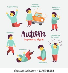 Autism. Early Signs Of Autism Syndrome In Children.  Children Autism Spectrum Disorder ASD Icons. Signs And Symptoms Of Autism In A Child, Such As ADHD, OCD, Depression, There, Epilepsy And Hyperactiv