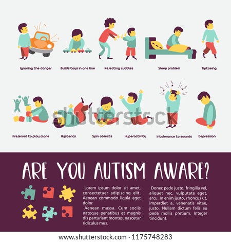 Autism. Early signs of autism syndrome in children. Children autism spectrum disorder ASD icons. Signs and symptoms of autism in a child, such as ADHD, OCD, depression, there, epilepsy and hyperactivi