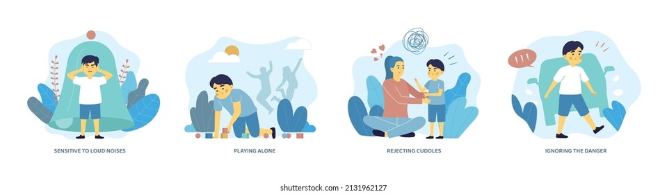 Autism flat compositions set with child showing signs of autistic spectrum disorder playing alone ignoring danger sensitive to noise isolated vector illustration