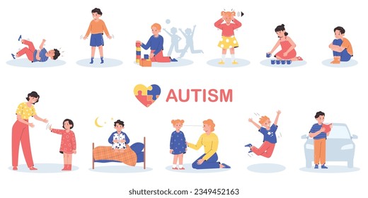 Autism flat set of children suffering from autistic spectrum disorder isolated vector illustration