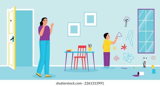 Autism learning disability composition with indoor scenery and shocked mother watching her son drawing on walls vector illustration