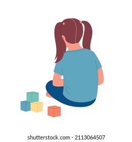 Autism. Little girl feeling lonely. Child Playing Alone With Cubes Toys. Early signs of autism syndrome in children. Vector illustration. Children autism. Signs and symptoms of autism in a child