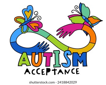 Autism logo in a bold whimsical style. Human mind and experience diversity concept. Neurodiversity acceptance sign. An inclusive, understanding society. Vector illustration. Colorful pop art  graphics