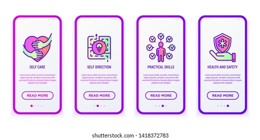 Autism mobile user interface, symptoms and adaptive skills gradient thin line icons: self care, self direction, practical skills, health and safety. Vector illustration for mobile app with copy space.