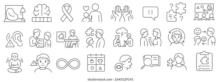 Autism and neurodiversity icon set with brain, puzzle, ribbon and support scenes for therapists, educators and awareness media

