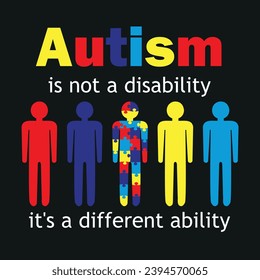 Autism is not a disability - it's a different ability. Set of multicolored human shaped puzzle pieces. Symbolic pieces of the autism jigsaw on black background. 