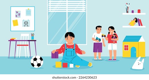 Autism playing alone composition with kindergarten scenery and child playing cubes by himself while others together vector illustration