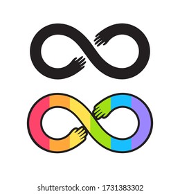 Símbolo del orgullo autista, signo infinito con manos que ayudan. Logo en blanco y negro y colores del espectro del arco iris. Conciencia y aceptación de la neurodiversidad.