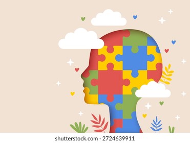 Autism Puzzle Head. Personality development, self improvement. Human resources and recruitment. Smart solutions, critical thinking. Puzzle head silhouette neurology concept. Head Silhouette With Autism