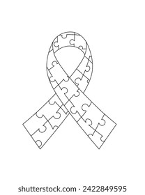 Autism puzzle ribbon elements in line drawing vector.