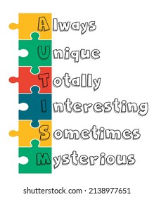 Autism quote with puzzle piece svg vector Illustration isolated on white background. Always Unique Totally Interesting Sometimes Mysterious  svg