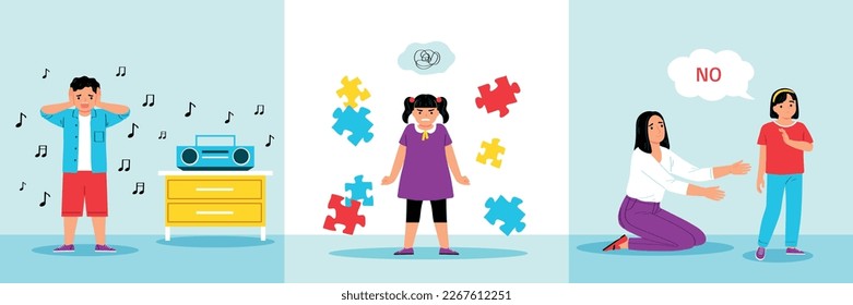 Autism set of three square compositions with characters of kids loud music puzzle pieces thought bubbles vector illustration