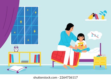 Autismo Composición del problema del sueño con el paisaje interior del dormitorio infantil con personajes tristes de niña y madre ilustración vectorial