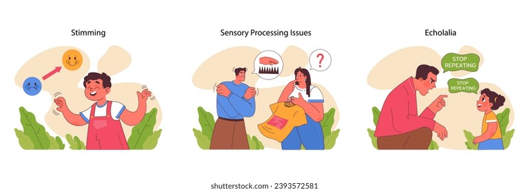 Autism spectrum coping strategies set. Illustrates stimming, sensory processing issues, and echolalia in individuals with ASD. Encourages understanding and support. Flat vector illustration