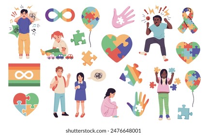 Autism spectrum disorder. Autistic pride symbols, stickers elements, hands, colofrul puzzles, heart, balloon and ribbon, congenital syndrome, childish behavior, medical tidy vector isolated set